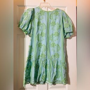 Melloday Light Blue & Green Embroidered Puff Sleeve Eyelet Dress XS VGUC
